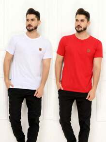 Kit 2 Pecas Camiseta 100% Algodão Camisa Masculina Várias Cores Corinho Promoção Imperdivel  E Seguro - Vermelho - Visão 1