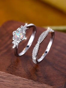 1套/2入宮廷風格豪華銀色精美人造澳洲蛋白石女戒指,雙層堆疊戒指適用於求婚、訂婚、婚禮、告白、情人節、日常佩戴 - 套裝戒指 - 查看 6