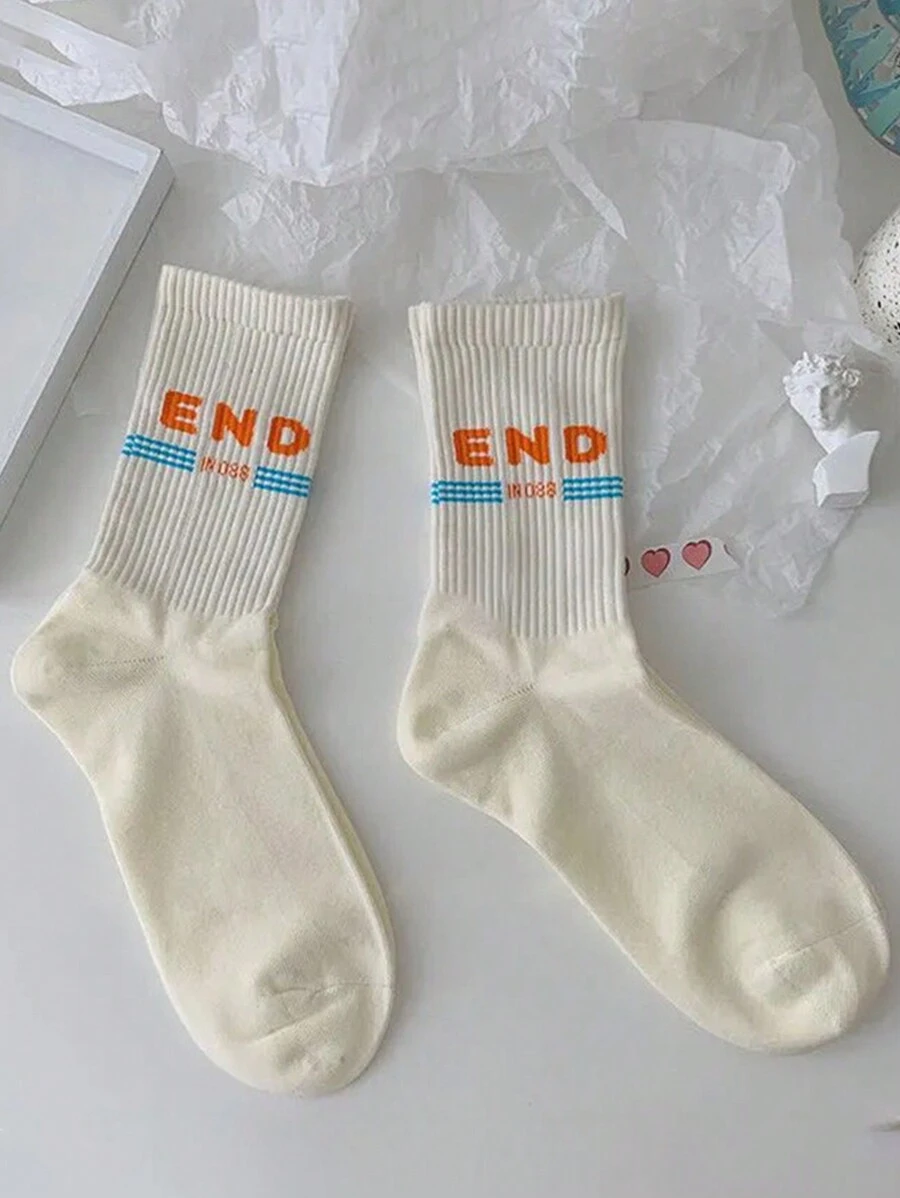 1 par de calcetines por la mitad de la pantorrilla con letra simple y estilo universitario para mujer - Multicolor - Ver 1