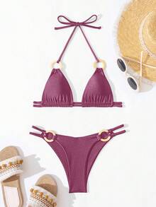 Fashionable And Sexy String Bikini Set With Circular Ring Decorations Summer - Red Violet - View 3