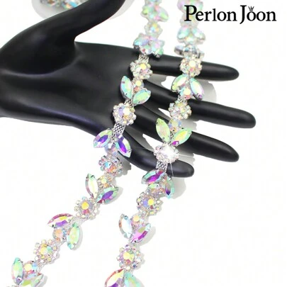 Perlon Joon 1碼葉子花卉ab銀色玻璃水晶鏈鑲嵌銀鏈裝飾婚紗配件ml125