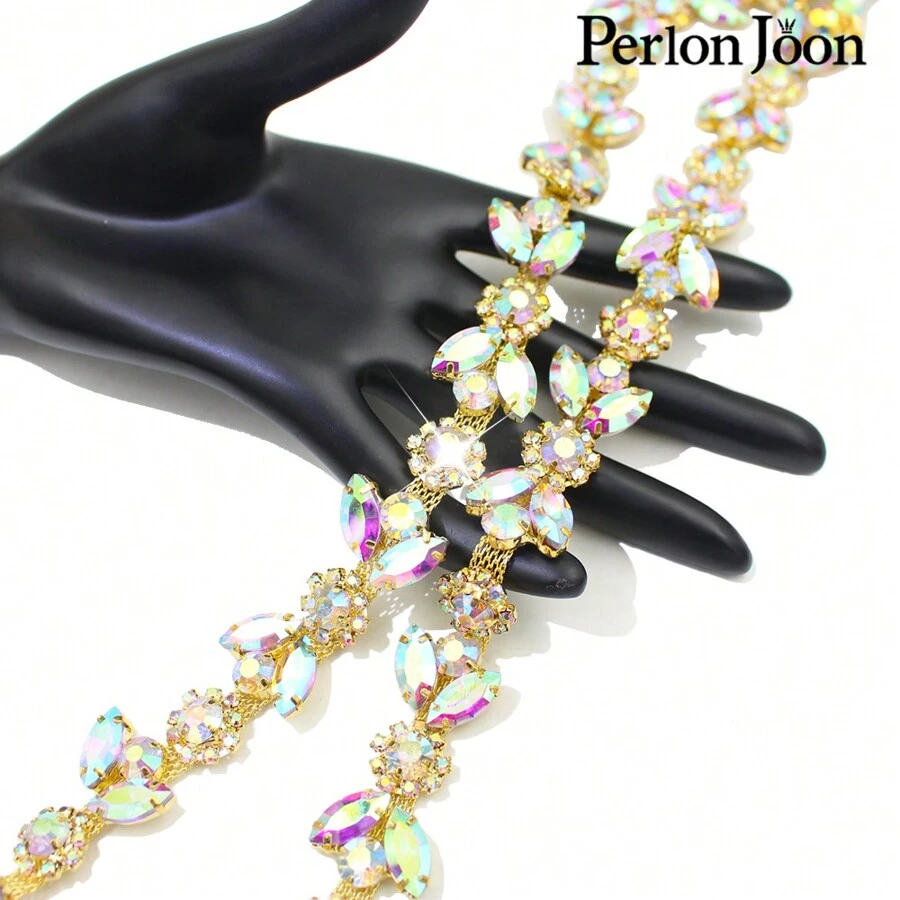 Perlon Joon 1碼葉子花朵ab金玻璃水晶鏈裝飾銀鏈配件婚禮禮服飾品 Ml125 - AB金 - 查看 1