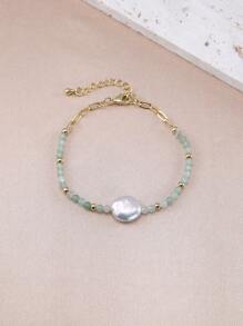 1 pulseira boho banhada a ouro 18K com pérolas naturais, cristais e contas, adequada para uso diário feminino