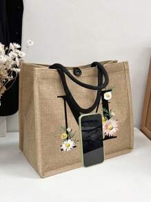 1个简约字母印花亚麻手提袋，沙滩包，送给女朋友的礼物，多功能便携手提包，教师节礼物，送给女性的礼物，教师节礼物，字母印花手提袋，化妆包，优雅旅行沙滩包 - 卡其色 - 查看 3