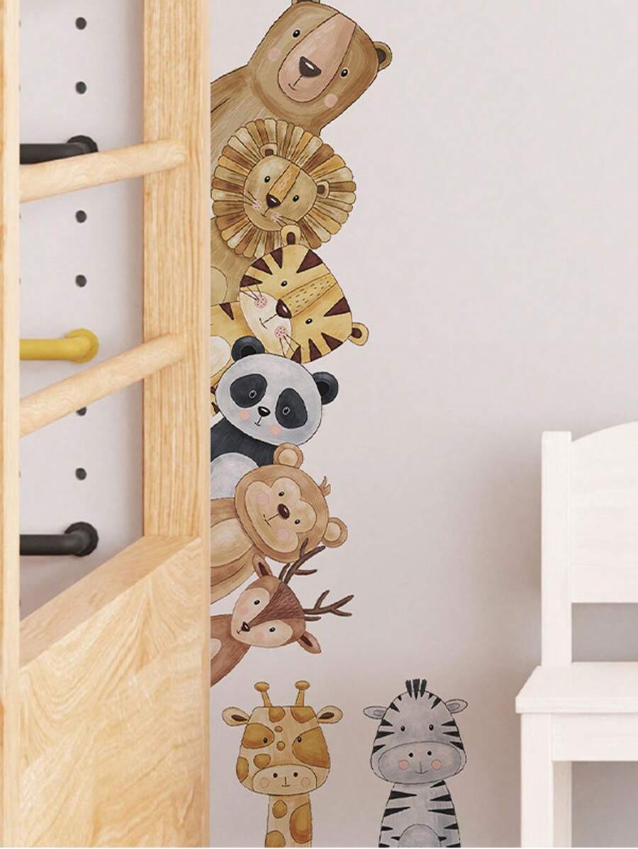 1pc Cartoon Adorable Animals Stack Up Wall Sticker For Kids Room Kindergarten Wall Decor - Khaki - View 1