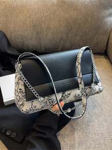 Bolso de mujer de dos colores con división de hombro y solapa cuadrada - Negro - Ver 1