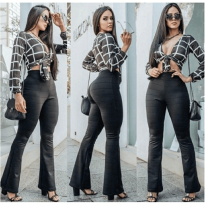 Calça Flare de Bandagem Cintura Alta e Tecido Grosso