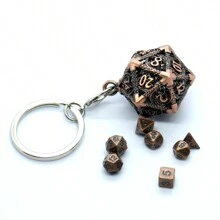 D20金屬中空盒+7枚金屬骰子組,便攜式桌遊骰子迷你套裝 - 銅色 - 查看 5