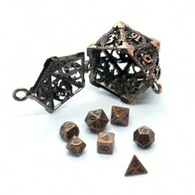 D20金屬中空盒+7枚金屬骰子組,便攜式桌遊骰子迷你套裝 - 銅色 - 查看 1
