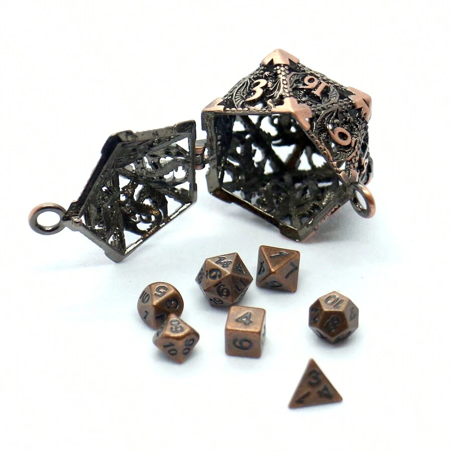 D20金屬中空盒+7枚金屬骰子組,便攜式桌遊骰子迷你套裝 - 銅色 - 查看 1