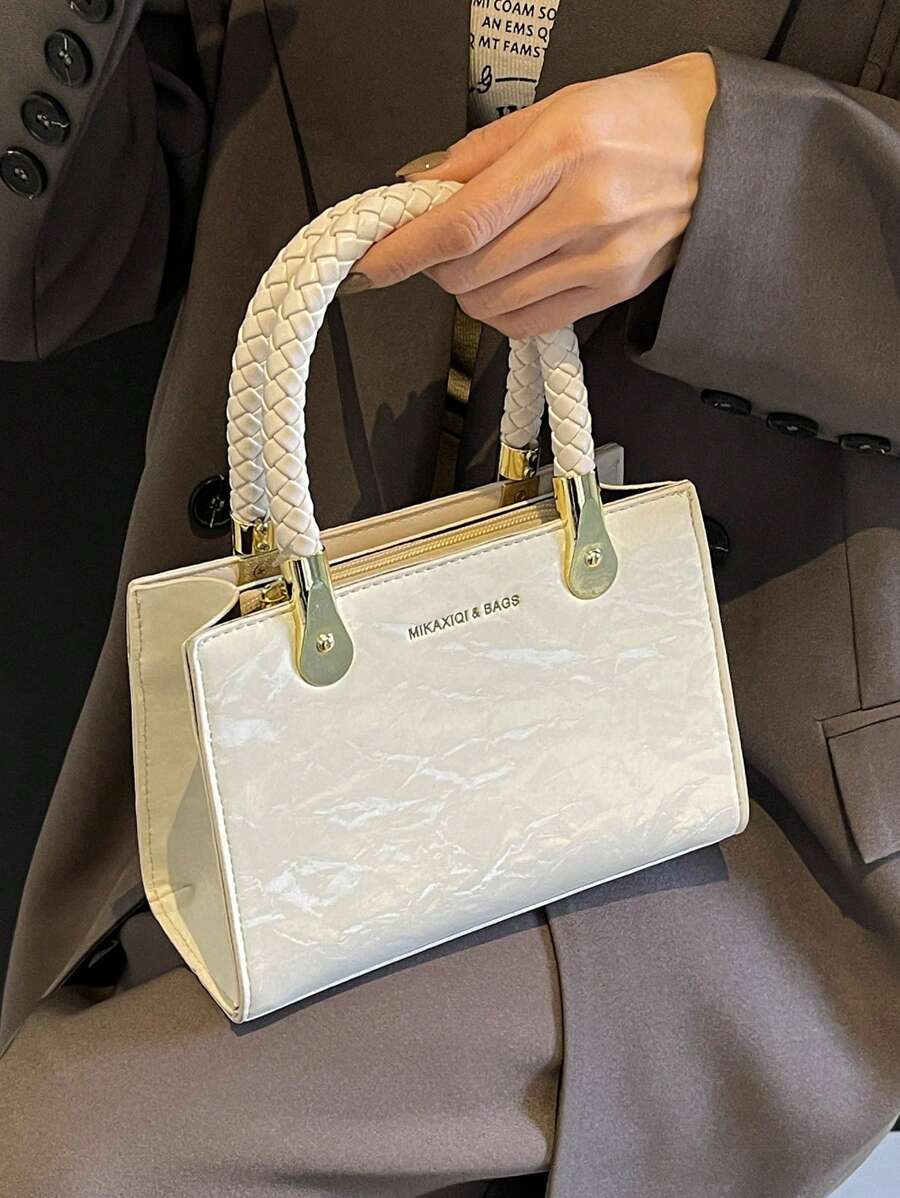 Mini Elegant Solid Color Weave Handle Pu Leather Women's Handbag - Beige - View 1
