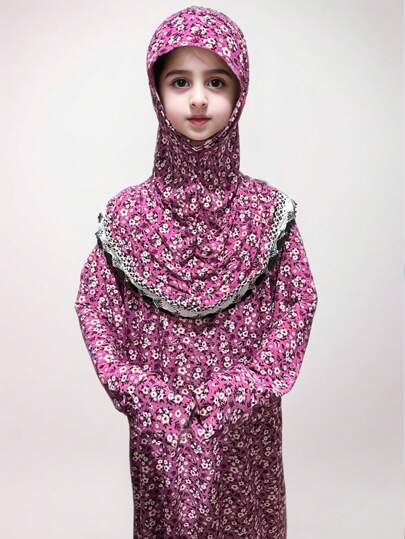 Pink Floral Printed Headscarf For Girls, Teenagers And Kids, Suitable For Daily Wear, And Home Use, Petal & Small Flowers Pattern Design, Elastic, Comfortable And Wide-Legged & Lengthened Hem