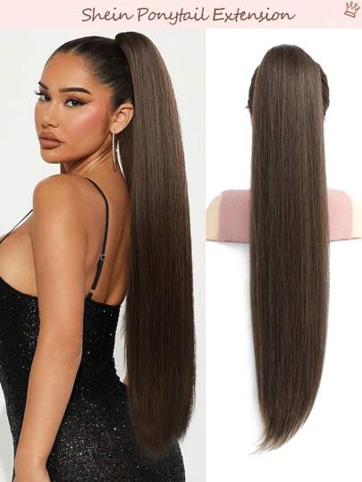 Extension De Queue De Cheval À Cordon De Serrage, Queue De Cheval Fausse Longue Et Droite, Naturelle Et Douce, Clip Synthétique En Extension De Cheveux Résistant À La Chaleur - Brun Chocolat