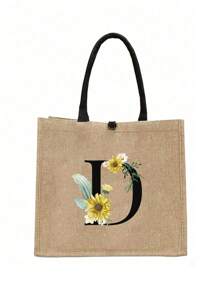 1个简约字母印花亚麻手提袋，沙滩包，送给女朋友的礼物，多功能便携手提包，教师节礼物，送给女性的礼物，教师节礼物，字母印花手提袋，化妆包，优雅旅行沙滩包 - 卡其色 - 查看 12