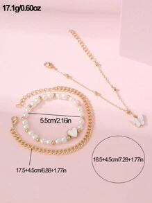 NAIZHU 3入組兒童假珍珠和蝴蝶串珠手鐲，帶有心形吊墜，適合生日禮物 - 彩色 - 查看 3