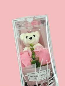 1 Pieza Caja de regalo de PVC Rosas artificiales de oso, Flores artificiales de simulación para sala de estar, decoración de dormitorio, regalo de San Valentín - Rosa - Ver 3