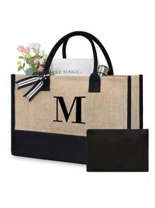 1pc Canvas Tote Bag With Cosmetic Pouch, Personalized Gift Bag Suitable For Wedding, Birthday, Beach, Vacation, Backpack And More, Great Gift For Women, Moms, Teachers, Friends, Bridesmaids, Students, Large Capacity - Khaki - View 14