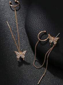 2 件时尚蝴蝶元素微镶嵌方晶锆石铜夹式耳环带流苏，独特设计，适合女性