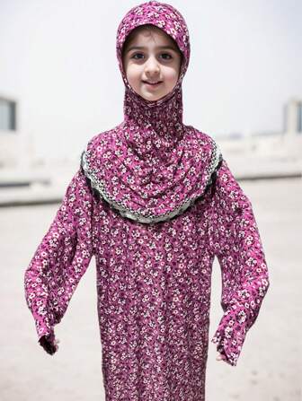 Pink Floral Printed Headscarf For Girls, Teenagers And Kids, Suitable For Daily Wear, And Home Use, Petal & Small Flowers Pattern Design, Elastic, Comfortable And Wide-Legged & Lengthened Hem