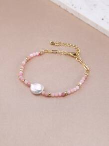 1 pulseira boho banhada a ouro 18K com pérolas naturais, cristais e contas, adequada para uso diário feminino