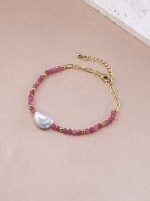 1 pulseira boho banhada a ouro 18K com pérolas naturais, cristais e contas, adequada para uso diário feminino