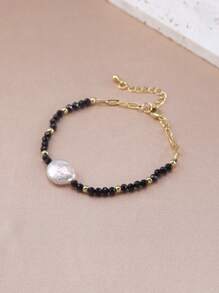 1 pulseira boho banhada a ouro 18K com pérolas naturais, cristais e contas, adequada para uso diário feminino