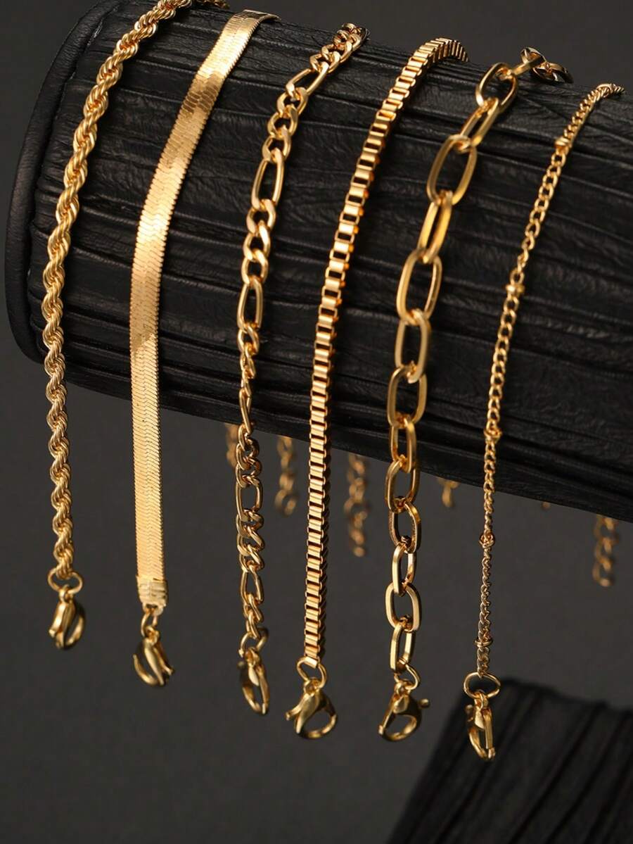 6入組波希米亞風格極簡飾品金屬鏈套裝,流行炸麻花蛇骨鏈多層鏈精簡手鐲女性個性化飾品 - 金黃色 - 查看 1