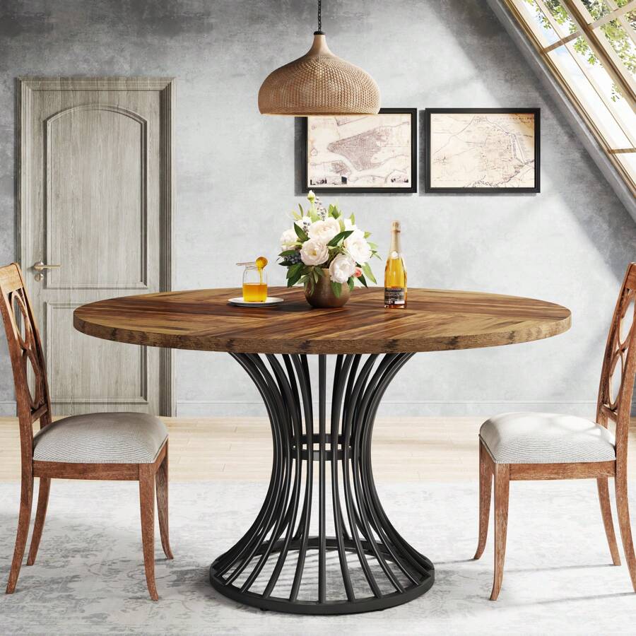 Tribesigns 47-Inch Round Dining Table For 4-6 People, Farmhouse Circle Kitchen Table With Metal Base, Industrial Dinner Table For Kitchen Or Dining Room - Rustic Brown & Black - View 1
