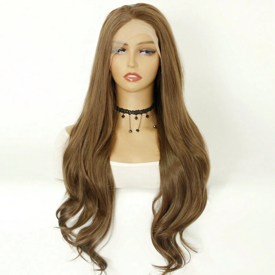 13*3Synthetic Lace Front Wig 24Inch Long Body Wave Brown Wig For Daily