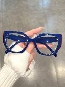 猫眼形拼色几何框架透明镜片女士眼镜，街头风格透明眼镜配件女士眼镜配件 - A - 查看 13