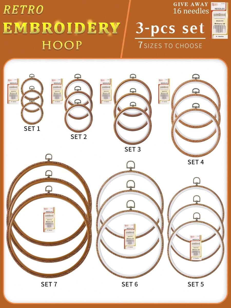 Conjunto de 3 aros de bordar vintage marrom aro de ponto cruz, aro redondo de bordado em forma de ferramenta de mão, feito de ABS e PVC ecológicos, design de madeira com fecho de metal, resistente e não é fácil de deformar ou quebrar, 6 tamanhos disponíveis, também adequado para decoração de porta-retratos, vem com 16 agulhas para bordado ou uso doméstico.