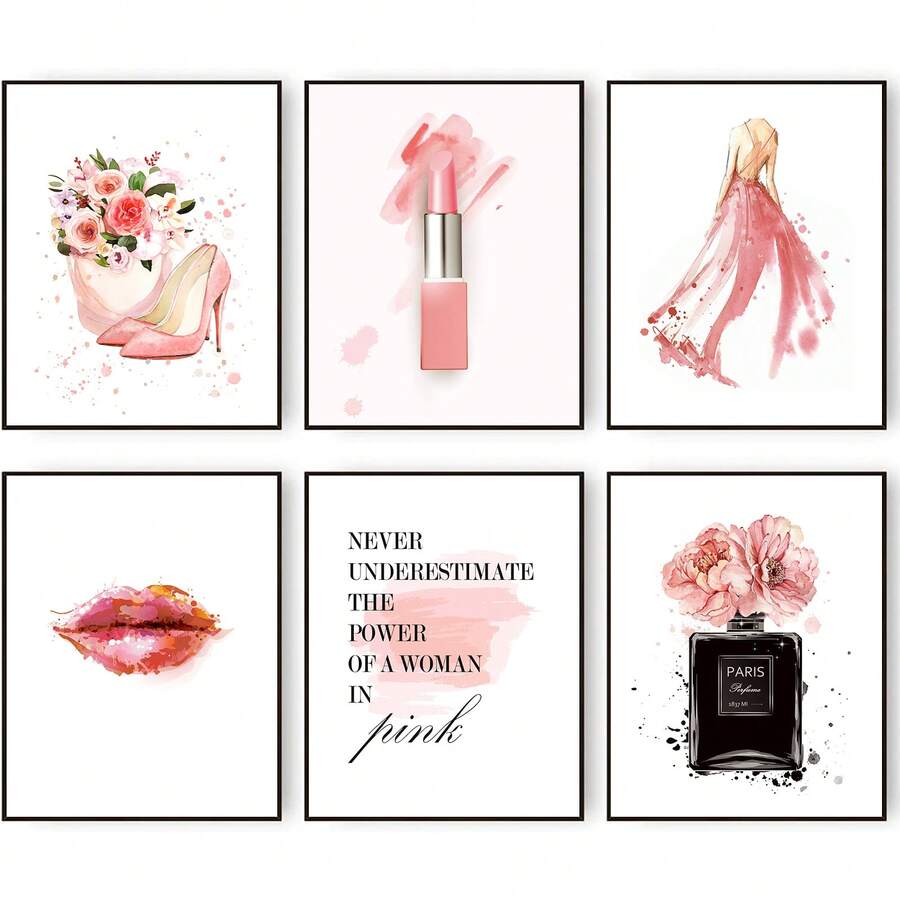 6入組無框時尚壁藝術女人畫像海報化妝室裝飾香水高跟鞋口紅禮物壁畫油畫印刷,適用於女孩臥室裝飾 - 彩色 - 查看 1