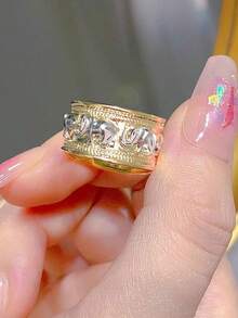 1入經典奢華雙色幸運象戒指(男女適用),庞克风格寬卡通戒指,適用於情人節禮物及日常佩戴 - 分色間電吉祥小象群男女戒指 - 查看 8