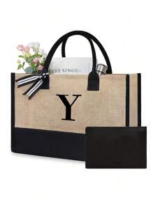 1pc Canvas Tote Bag With Cosmetic Pouch, Personalized Gift Bag Suitable For Wedding, Birthday, Beach, Vacation, Backpack And More, Great Gift For Women, Moms, Teachers, Friends, Bridesmaids, Students, Large Capacity - Khaki - View 16