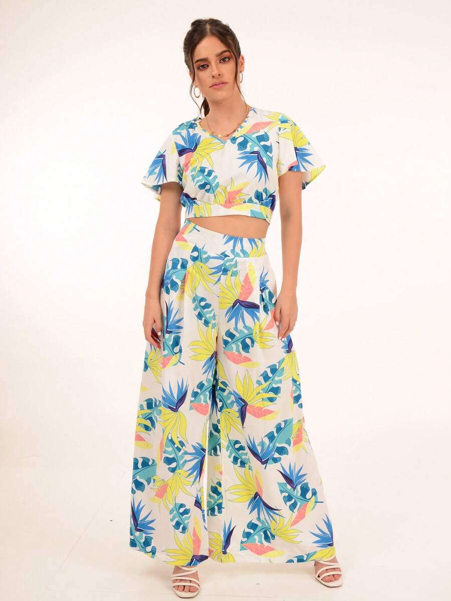 Lantern Sleeve T-Shirt & Tropical Print Skirt Set Casual Fashion Two-Piece Set Women V-Neck Leaf Sleeve Open Back Lace-Up Design Bolero Print Culotte Wide-Leg Pants Straight Pants - 白色 - 查看 1