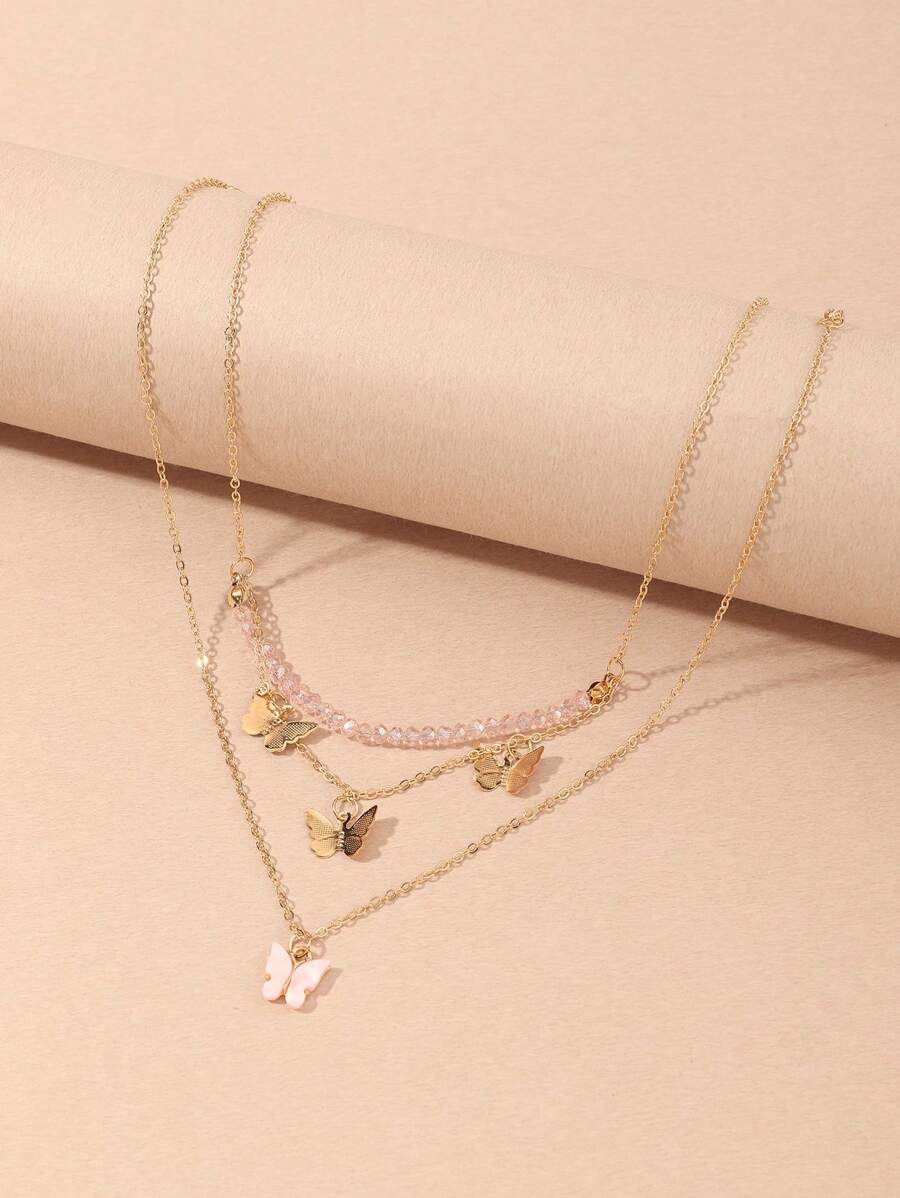 2pcs/Set Butterfly Pendant Crystal Beaded Necklace Set, Suitable For Daily Decoration - Pink - View 1