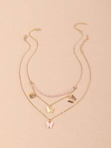 2pcs/Set Butterfly Pendant Crystal Beaded Necklace Set, Suitable For Daily Decoration - Pink - View 3