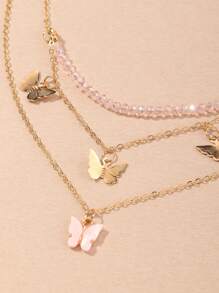 2pcs/Set Butterfly Pendant Crystal Beaded Necklace Set, Suitable For Daily Decoration - Pink - View 4