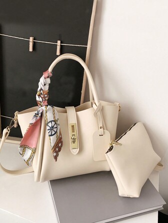 2pcs/Set New Spring Fashionable Pu Tote Bag With Inner Bag For Women, Simple Style, Suitable For Work And Decorated With A Silk Scarf, Handbag Or Shoulder Bag For Ladies, Business Casual Woman Bag Perfect For Office Business And Work
