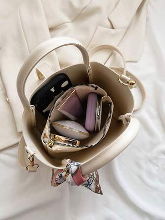 2pcs/Set New Spring Fashionable Pu Tote Bag With Inner Bag For Women, Simple Style, Suitable For Work And Decorated With A Silk Scarf, Handbag Or Shoulder Bag For Ladies, Business Casual Woman Bag Perfect For Office Business And Work