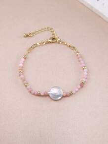 1 pulseira boho banhada a ouro 18K com pérolas naturais, cristais e contas, adequada para uso diário feminino