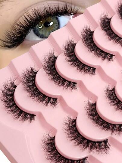 Asiteo أشيتيو 7 أزواج من رموش الفرو الصناعي الناعم من الحرير الطبيعي الطويلة، قابلة لإعادة الاستخدام للارتداء اليومي، رموش شريطية، رموش، رموش صناعية