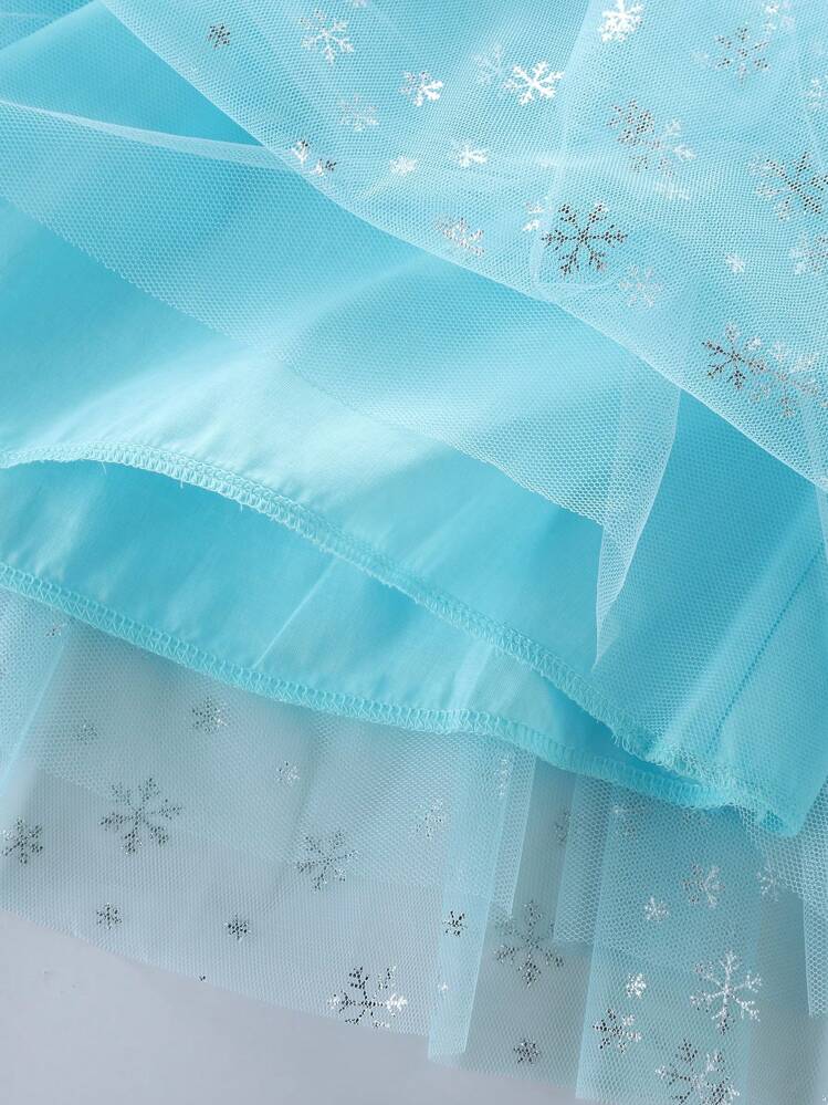 Vestido de fiesta para niña con contraste de manga corta de encaje y malla, bordado de copos de nieve brillantes, para Navidad - Azul menta - Añade 7