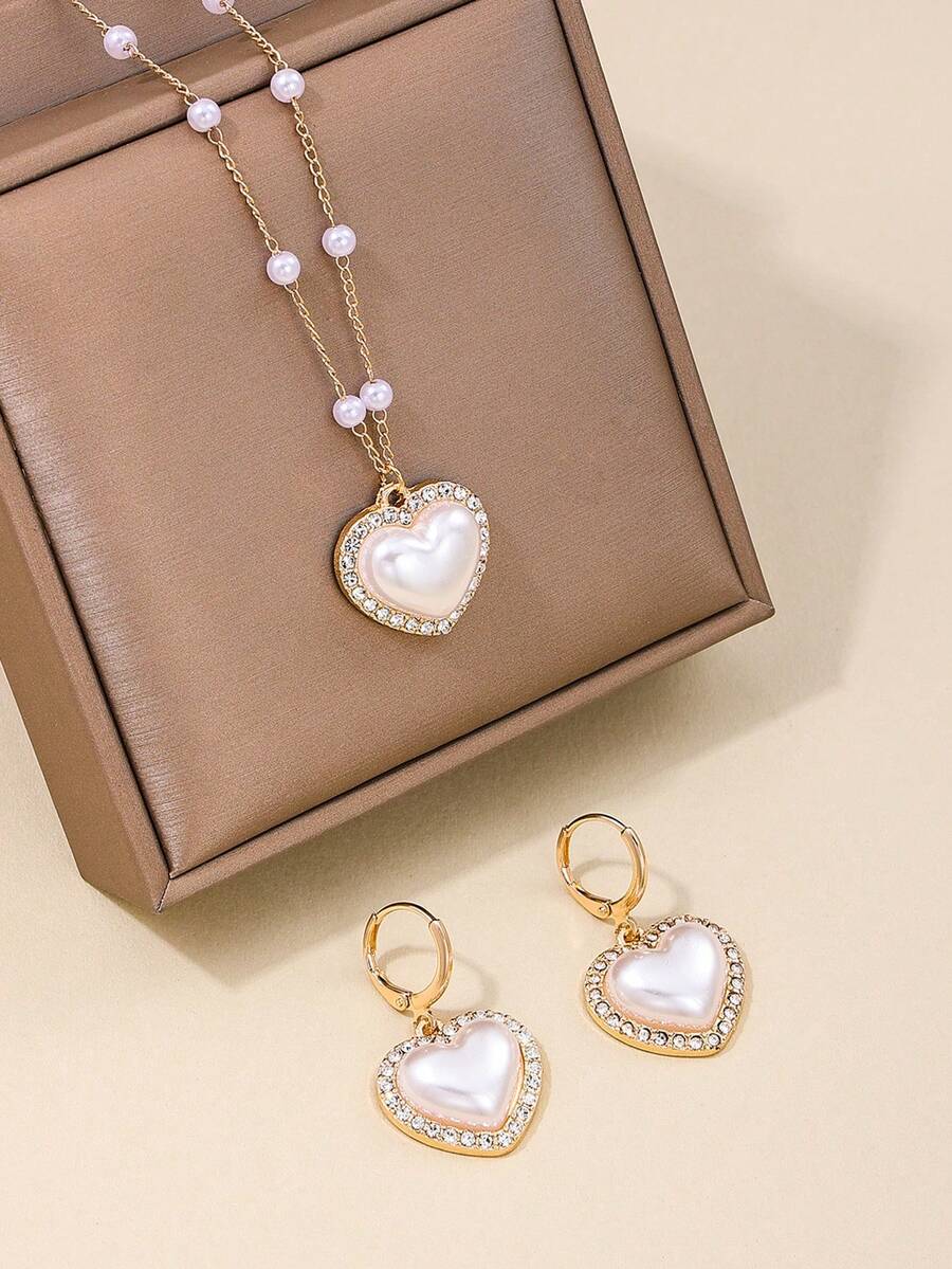 1套 Ins風格時尚優雅鑲鑽&仿珍珠心形項鍊和耳環套裝,適合女士日常上下班、約會、生日、假期和各種慶祝活動,如情人節、訂婚、周年紀念等。 - 愛心 - 查看 1