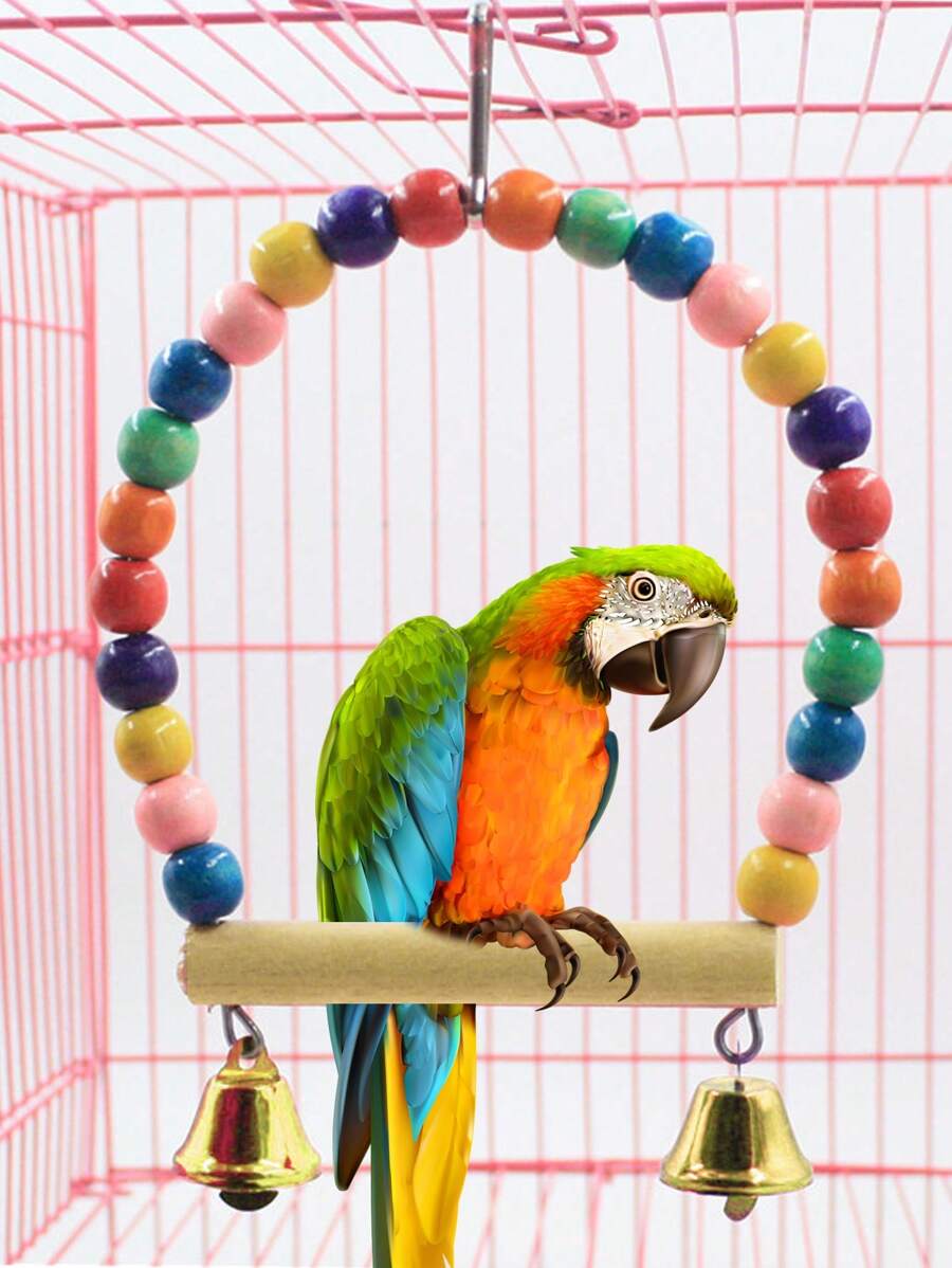 1 件/2 件宠物鸟彩色珠子秋千玩具，带铃铛的悬挂秋千，适用于鸟笼、鸟巢、宠物解闷玩具，颜色随机 - 彩色 - 查看 1