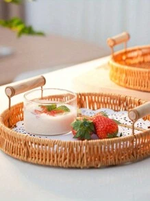 水果盤藤編圓形雙耳把手可作為家居客廳下午茶麵包籃水果籃必備 - 棕色-仿藤雙耳托盤 - 查看 2