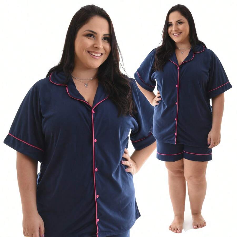 Plus Size Pajama Sets - 藍色 - 查看 1