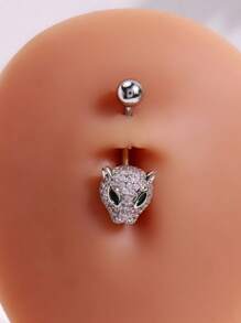 1pc Fashionable Leopard Head Rhinestone Belly Button Ring, Women's Body Piercing Jewelry