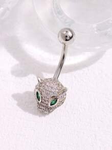 1pc Fashionable Leopard Head Rhinestone Belly Button Ring, Women's Body Piercing Jewelry