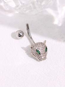 1pc Fashionable Leopard Head Rhinestone Belly Button Ring, Women's Body Piercing Jewelry